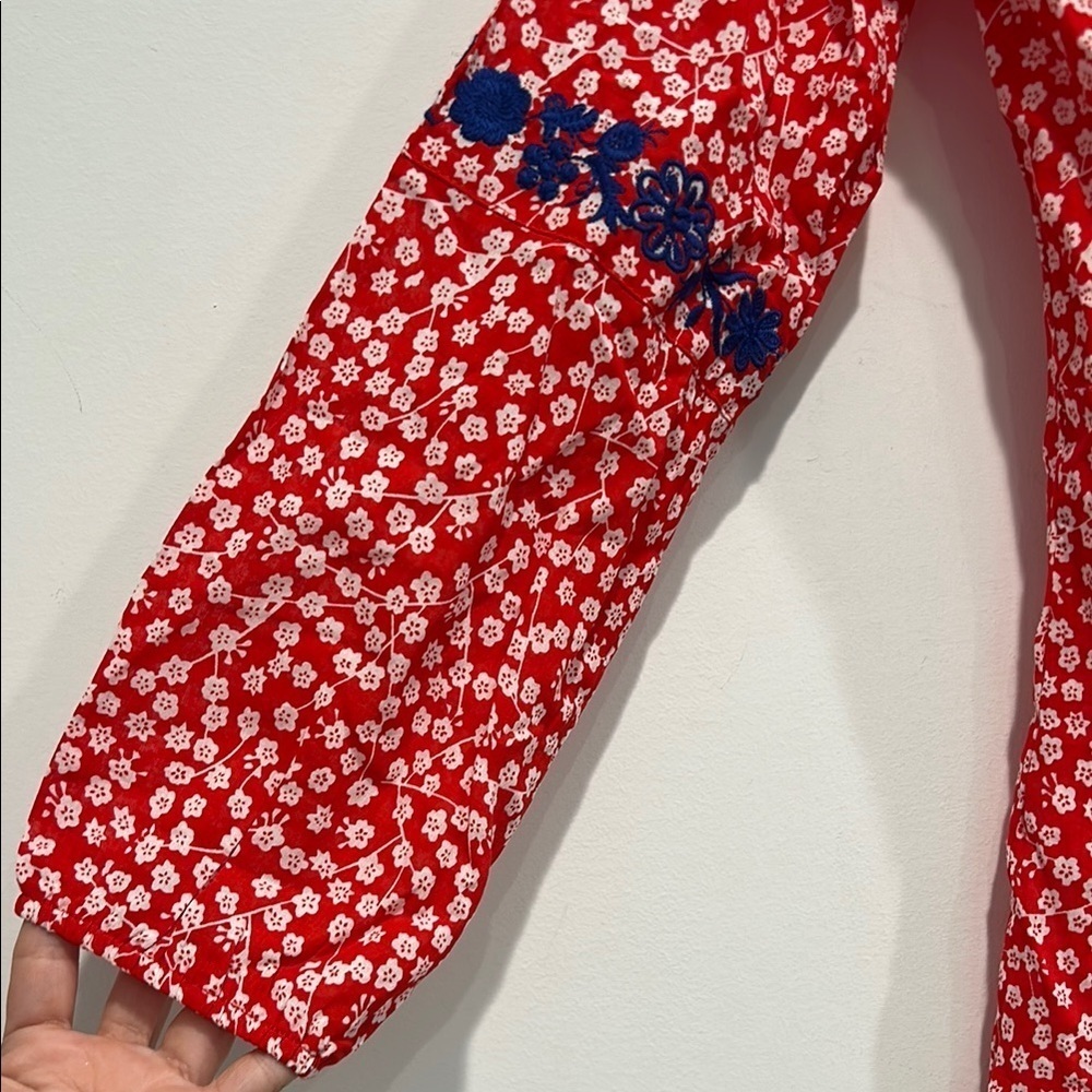 Solitaire Red / White Long Sleeve Tunic with blue embroidered bohemian top small - Picture 5 of 7